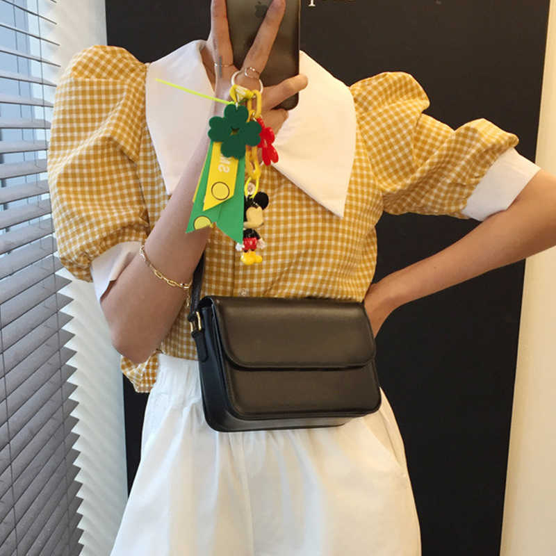 Korejpaa Women Shirt Summer Korean Niche Retro Hit Color Pointed Collar Stitching Plaid Single-Breasted Puff Sleeve Blouse 210526