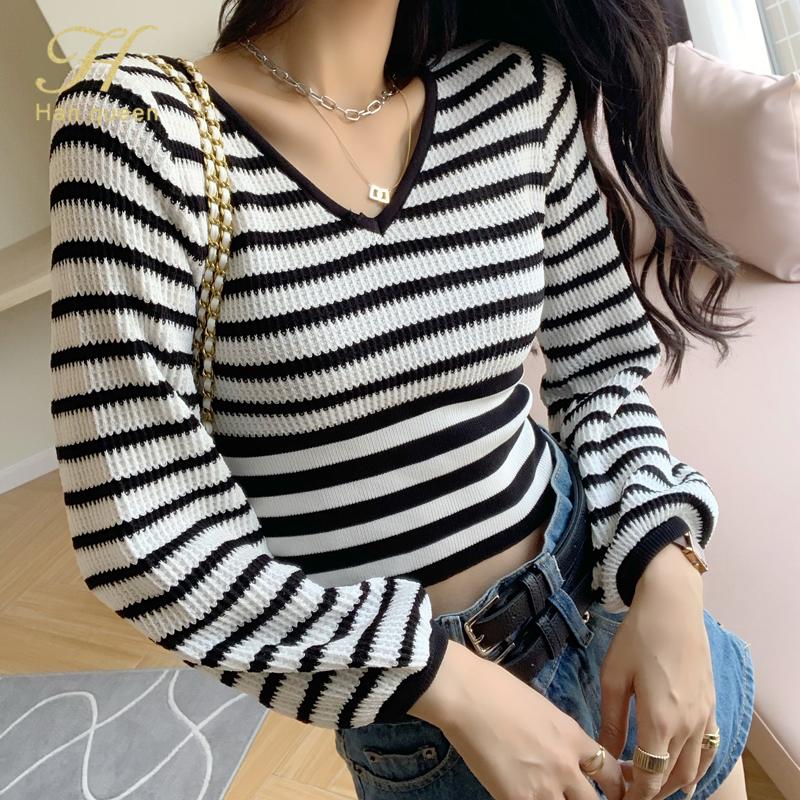 Women's Sweaters H Han Queen Korean Stripes V-neck Short Lantern Sleeve Knitted Pullover Women Autumn Sweater Tops Casual Basic Jumper, White;black
Women's Sweaters H Han Queen Korean Stripes V-neck Short Lantern Sleeve Knitted Pullover Women Autumn Sweater Tops Casual Basic Jumper, White;black