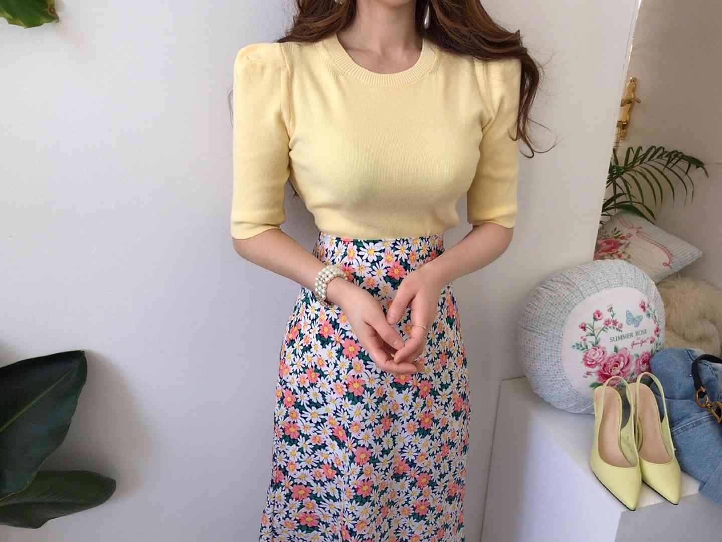 Fashion 2 Piece Set summer Women Knitted O Neck Puff Sleeve T Shirts + High Waist Floral Print Long Skirt 210519