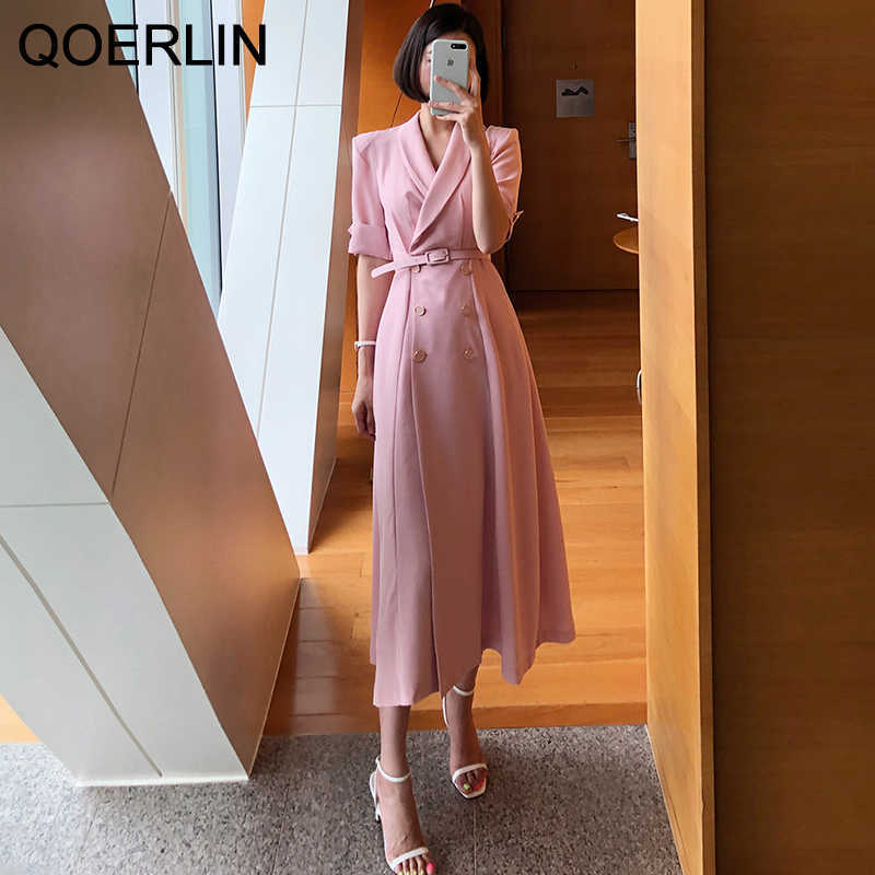 Women OL Formal Blazer Dress Fashion Turn-Down Collar Midi es Summer Short Sleeve Double Breasted Belt 210601