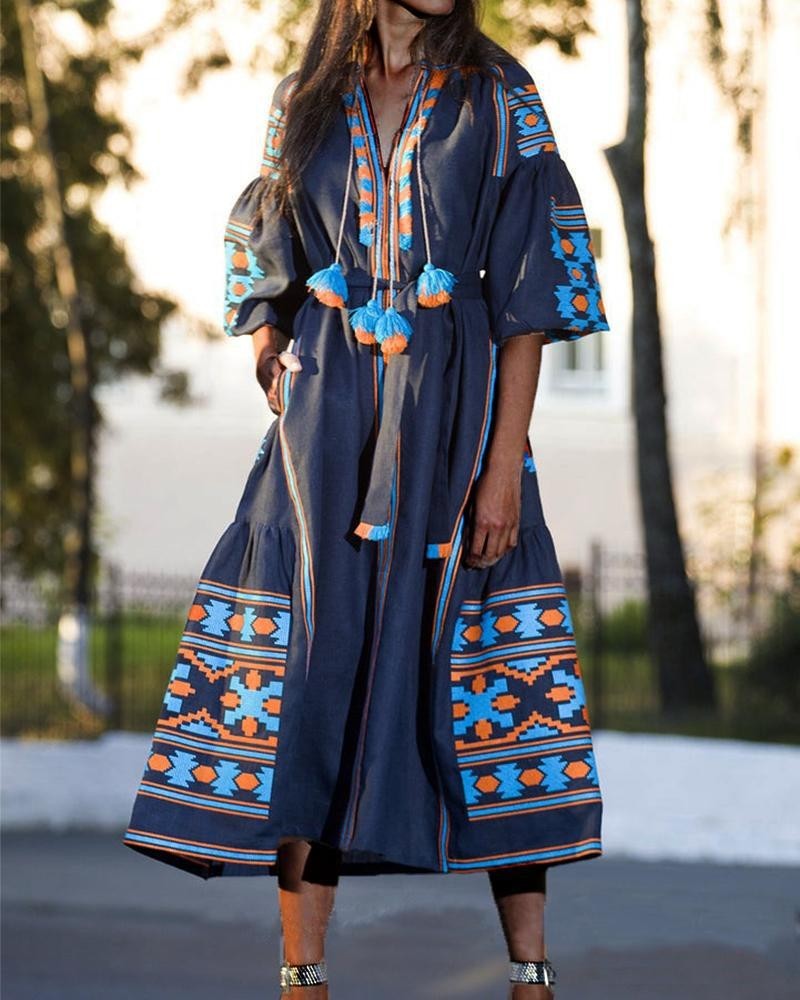 Women Dress Printing Dresses Lantern Sleeve V-neck Plus Size Vintage Long Woman Clothing Autumn 210513