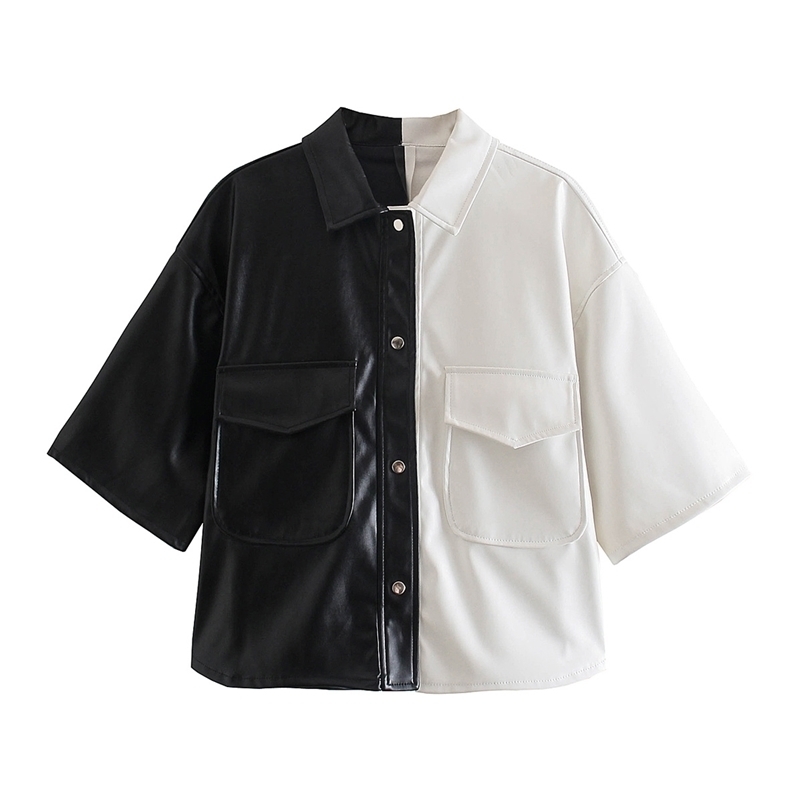 Women Faux Leather Tops Black & White Short Sleeves Shirt Style Coats Fashion Casual Chic Lady Clothes 210517
Women Faux Leather Tops Black & White Short Sleeves Shirt Style Coats Fashion Casual Chic Lady Clothes 210517