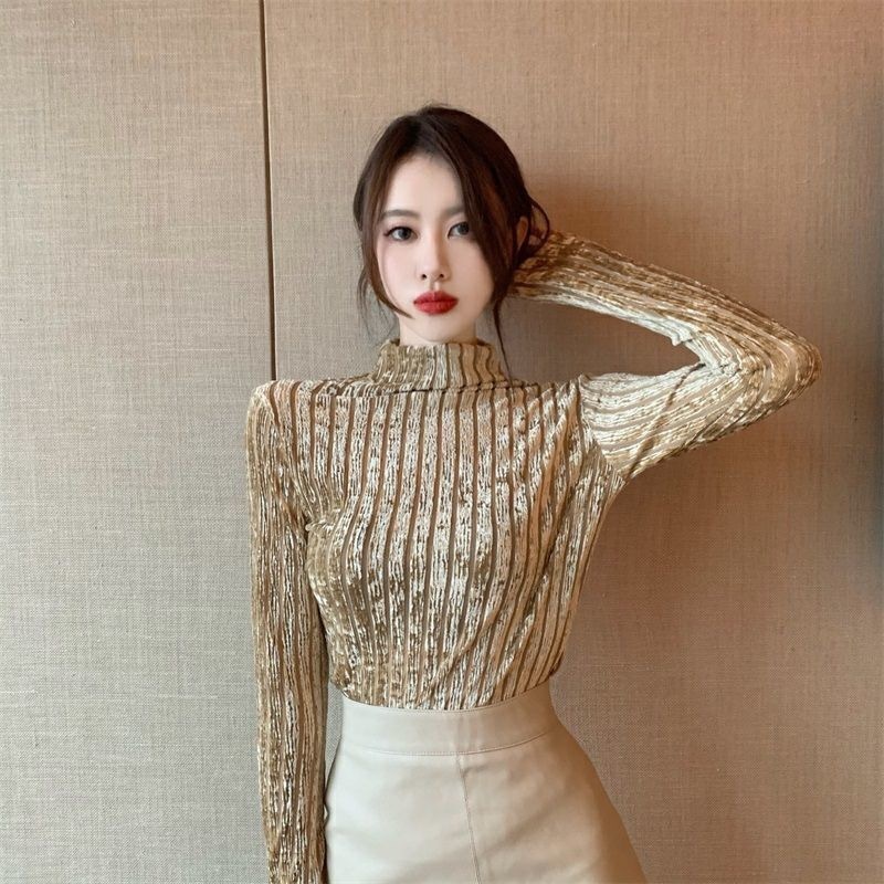 Wonder Spring Basic Blouse Shirts Striped Pattern Turtleneck Long Sleeve Elastic Korean Office Lady 210510