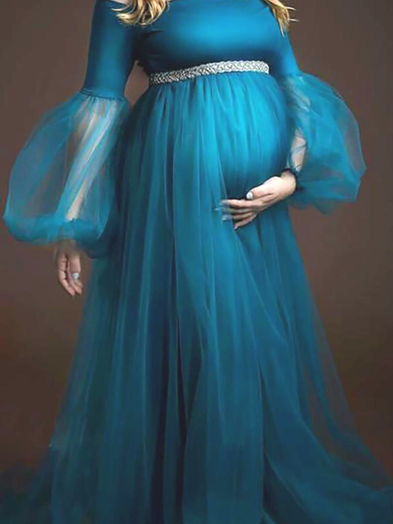 Summer Pregnant Women Sleepwear Off Shoulder Tulle Long Sleeve Nightdress For Photography Wedding Party Evening Dress Wear