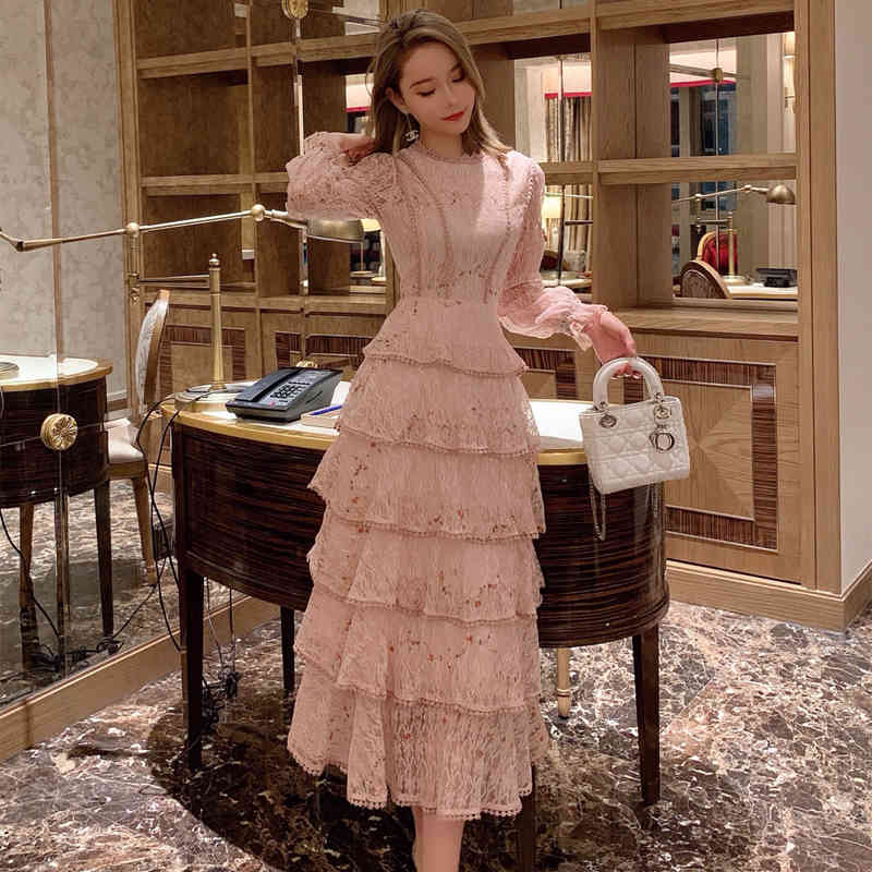 Spring Fashion Women Lace Embroidery Maxi Dress Female Long Sleeve Elegant Slim Ruffles Dresses 210519