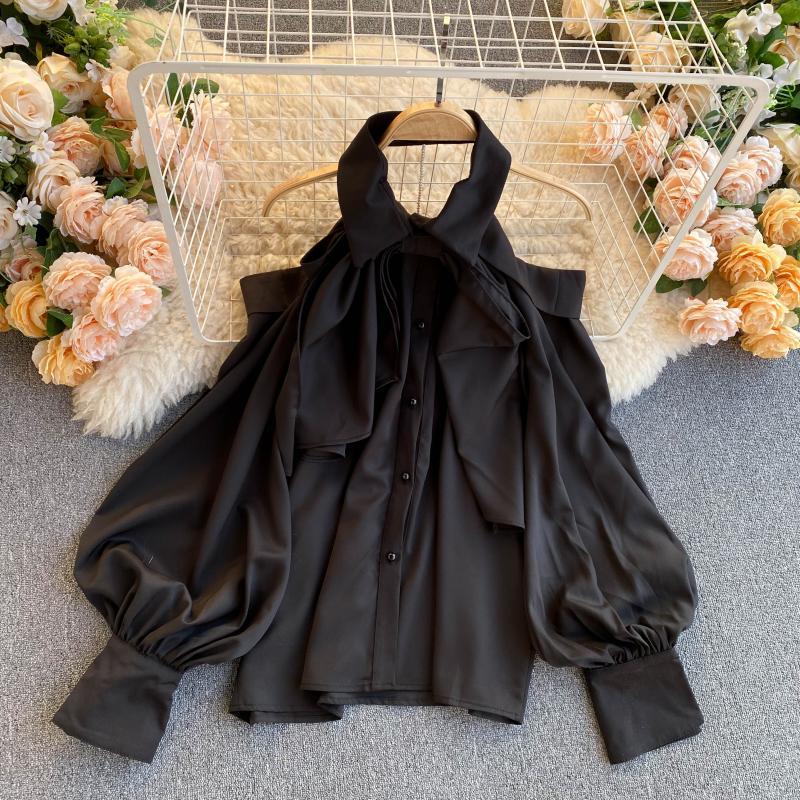 2021 Spring Autumn New Blouse Women Halter Scheming Halter Shirt Bowknot Lapel Puff Sleeve Female Top C031 210317