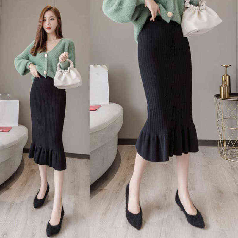 Lucyever Women High Waist Knitted Skirts Solid Elastic Mermaid Knitting Ribbed Female Autumn Winter Warm Mid-Long 211119