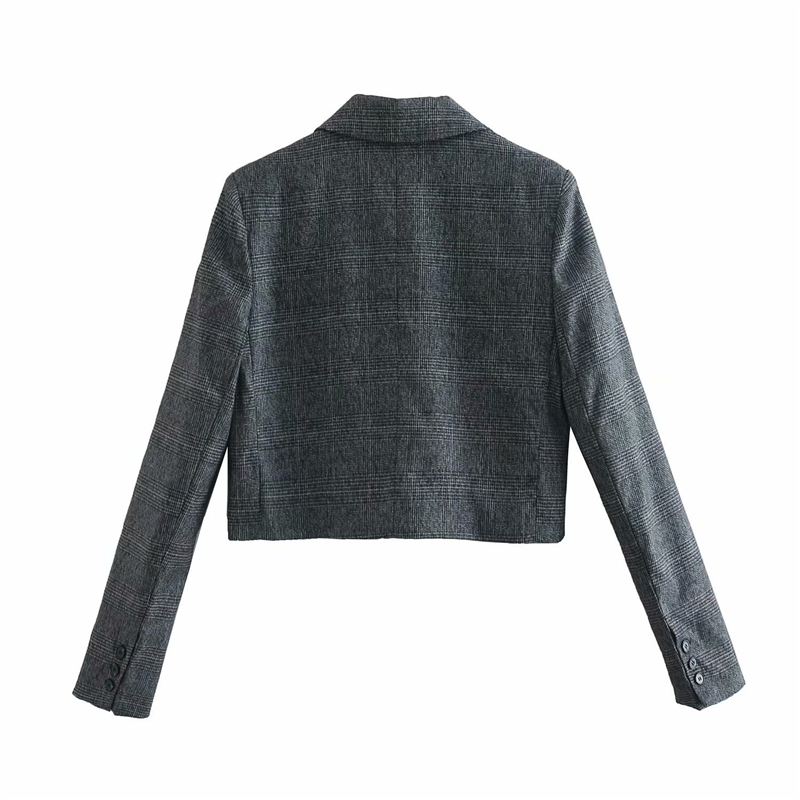 Vintage Women Grey Plaid Jackets Fashion Office Ladies Notched Collar Blazers Streetwear Female Chic Short Coats 210430