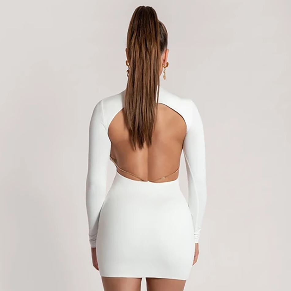 Summer Women White Long Sleeve Club Bodycon Bandage Dress Sexy Backless Mini Celebrity Evening Runway Party 210423