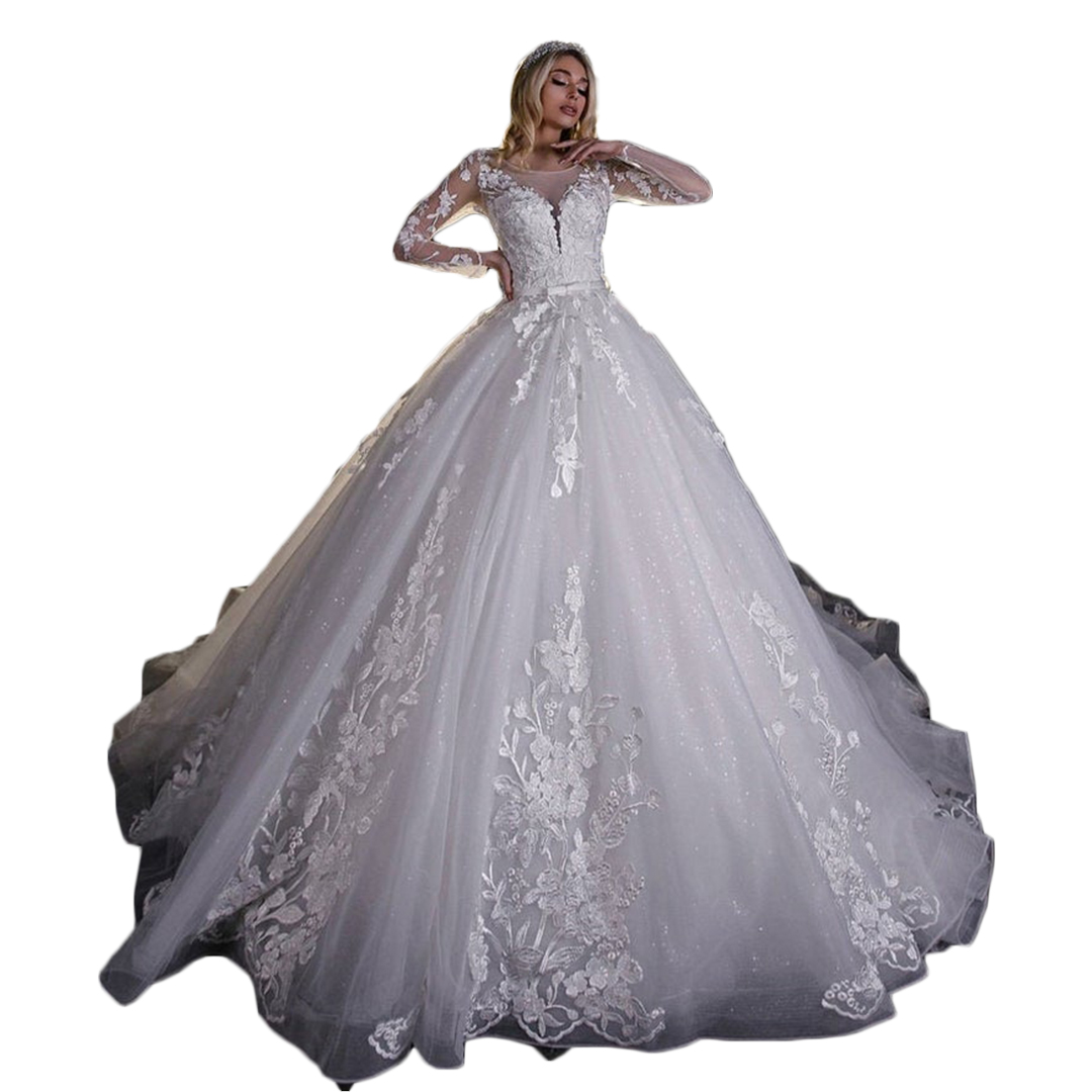 2021 White A Line Wedding Dresses Plus Size Bridal Gowns Jewel Neck Flower Appliques Covered Button Long Sleeve Vestios De Novia