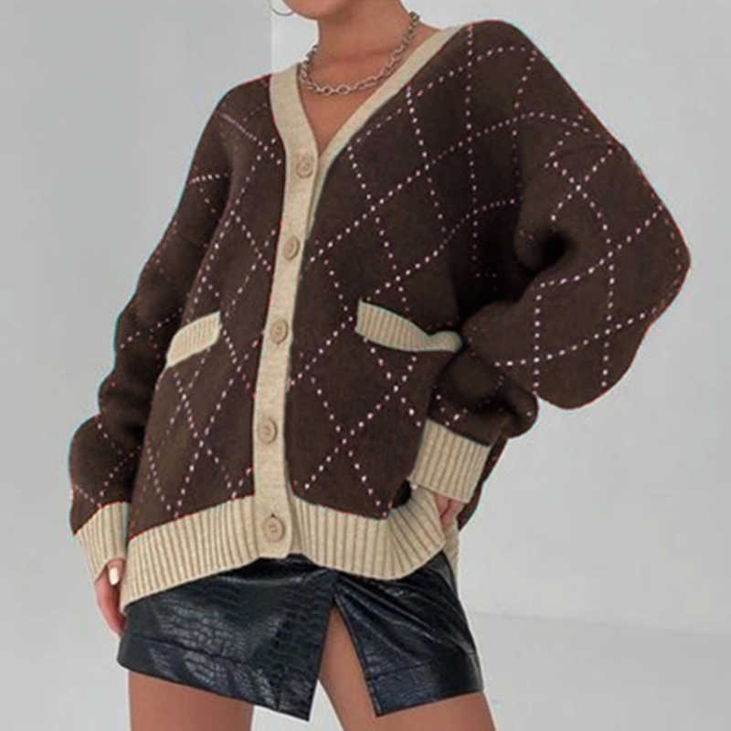 Oversized Argyle Knitted Cardigan Women Sweater Y2K Patchwork Plaid Loose V-Neck Sweaters Female Autumn Vintage Lady Top 211012