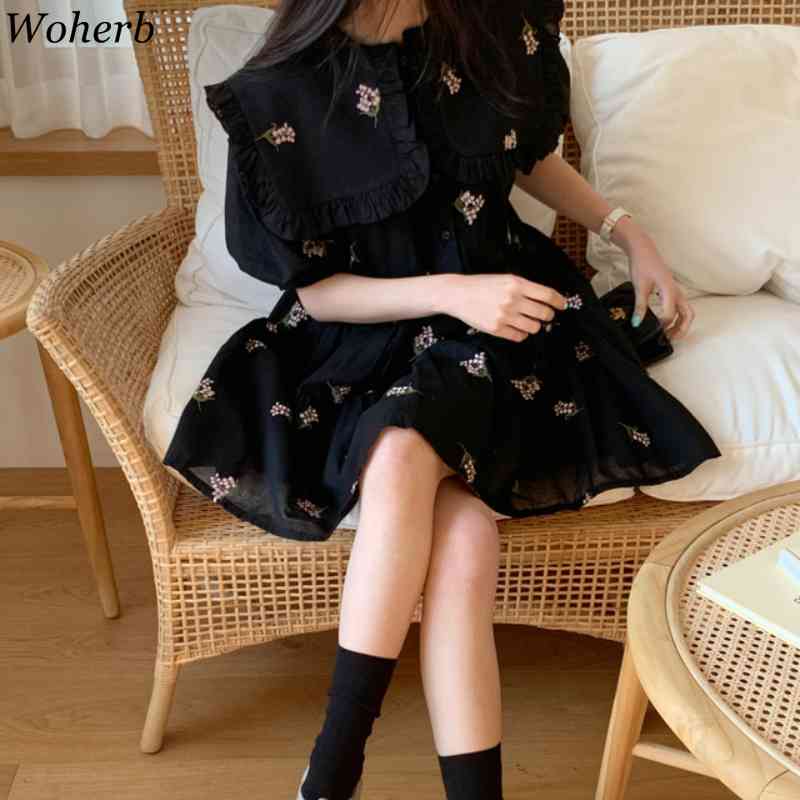 Sweet Women Dress Summer Korean Big Turn Down Collar Vestidos Embroidered Floral Single Breasted Kawaii Dresses 210519