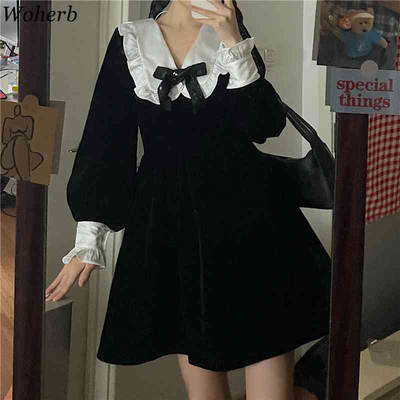 Elegant Vintage Women Mini Dress Japanese Preppy Slim Robe Bow Tie Peter Pan Collar Black Dresses Temperament Vestidos 210519