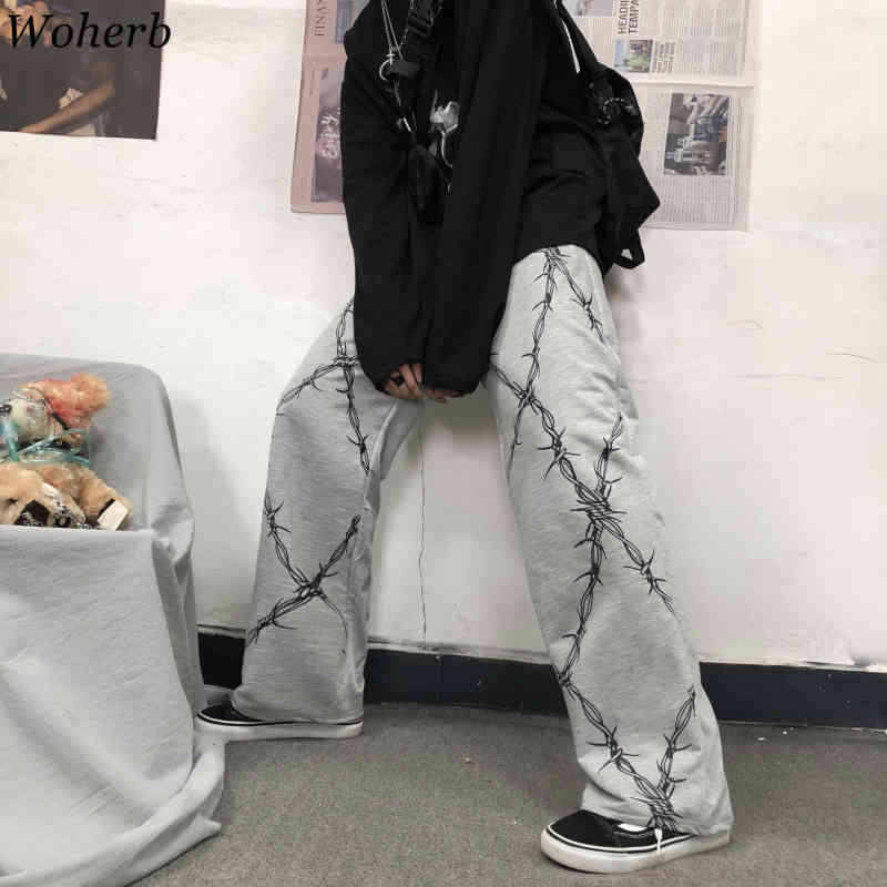 Harajuku Vintage Women Pants Print High Waist Straight Wide Leg Trousers Casual Loose Korean Fashion Streetwear 91089 210519