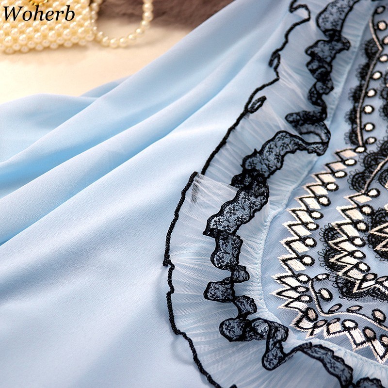 Blouse Women Spring O Neck Ruffled Chiffon Shirt Embroidery Lace Gauze Lantern Sleeve Tops Slim Fit Pullover Chic 210519