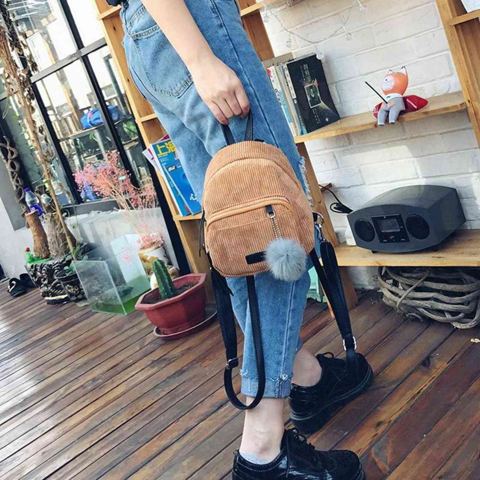 Girl Mini Backpack Women Pompom Ball Solid Color Corduroy Small Backpack Autumn Winter Teenage Travel School Bag Mochila Y1105