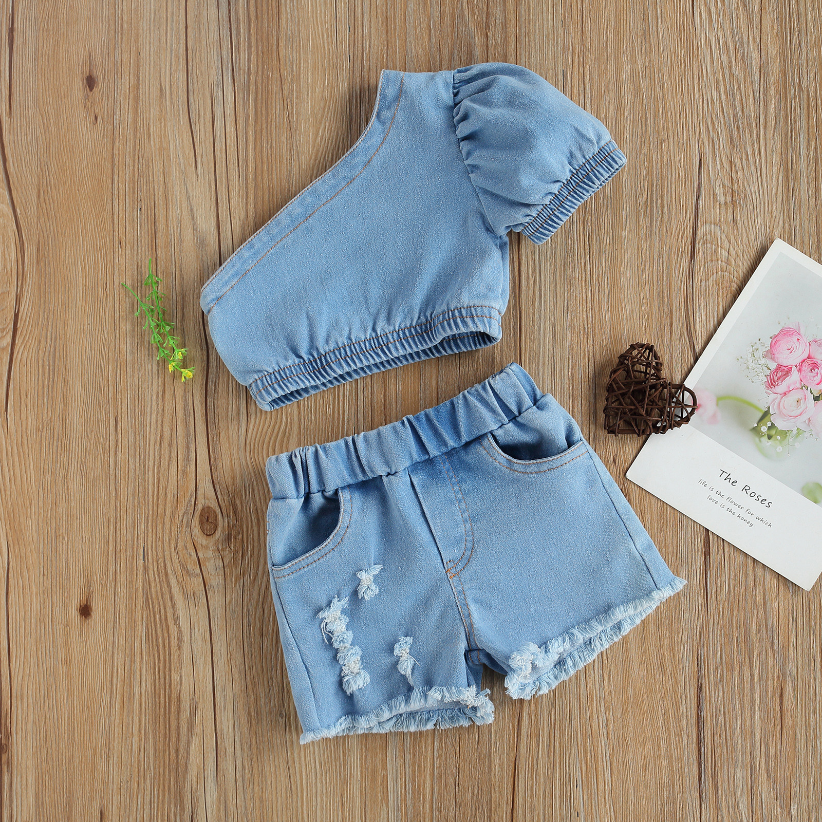 6M-4Y Summer Toddler Kid Girls Clothes Sets Denim Outfits One Shoulder Crop Top Shorts Jeans Costumes 210515