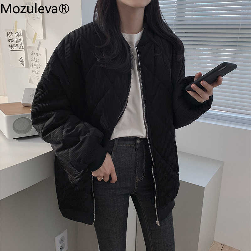 Mozuleva Autumn Winter Women thick Jackets V-neck Puffer Corduroy Parkas High-Quality Warm Oversize Vintage Wild Coat 210819