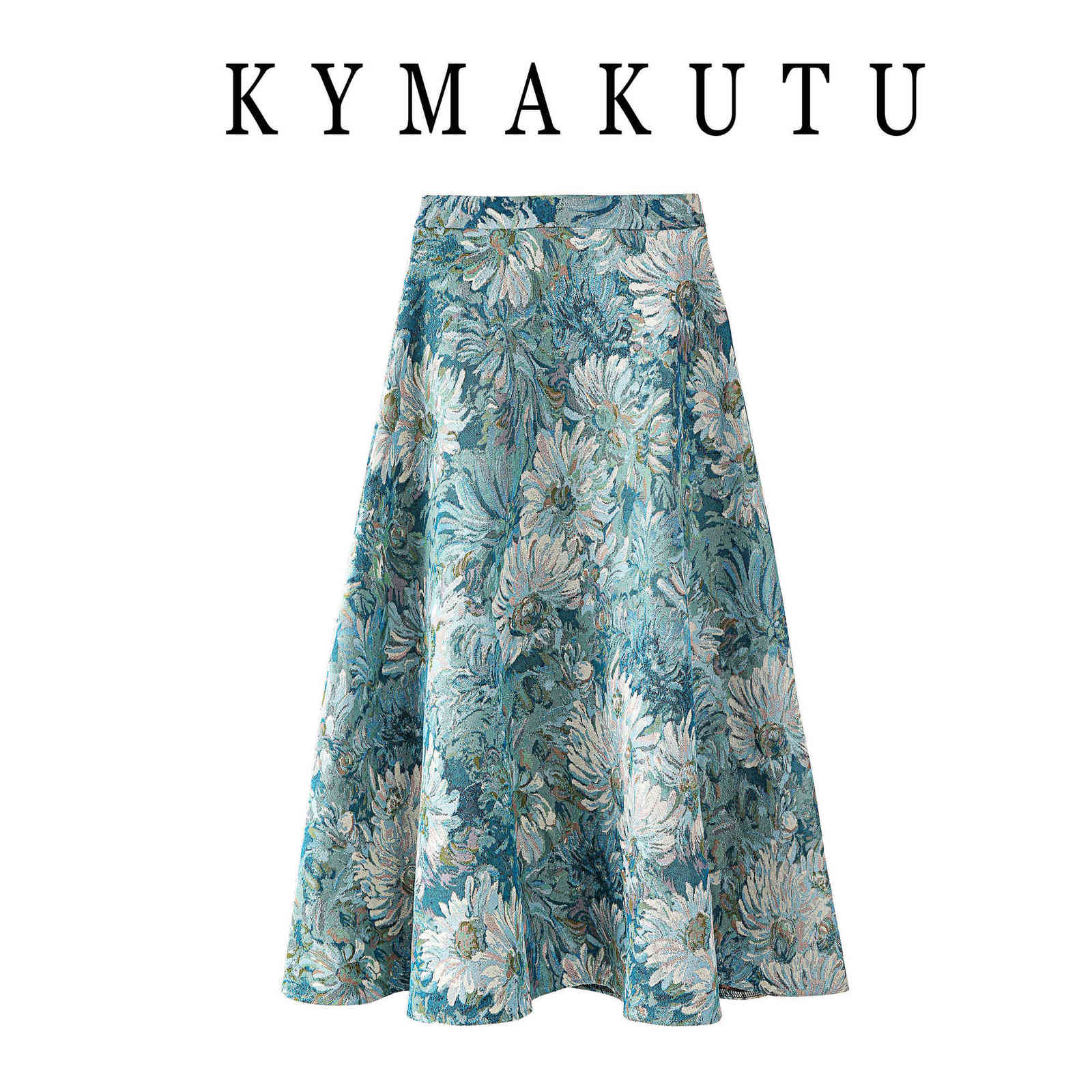 Vintage Oil Painting Flowers Print Big Swing Umbrella Spring Autumn High Waist A Line Skirts Women 210615Z