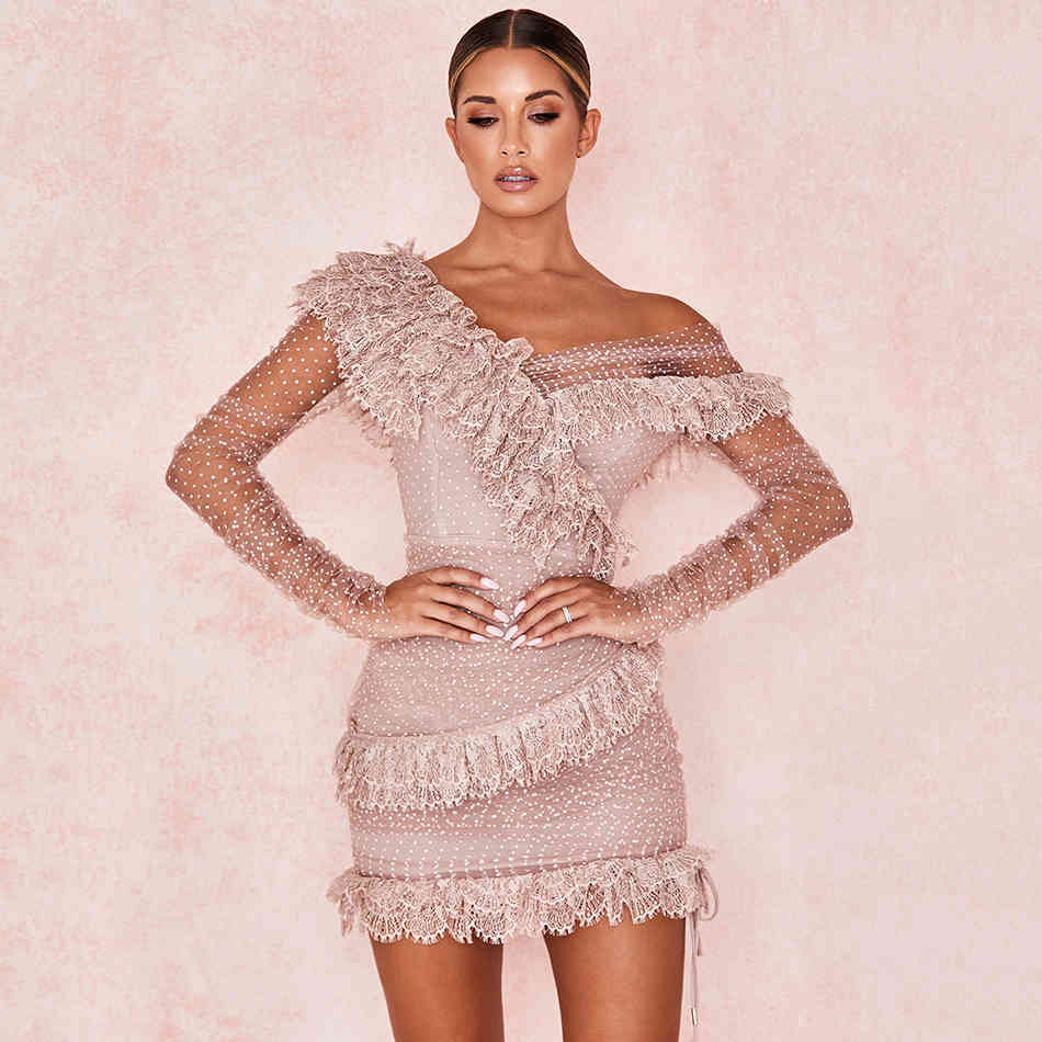 Summer One Shoulder Lace Celebrity Party Bandag Dress Lady Sexy Long Sleeve Ruffled Bodysuit Club Vestidos 210525