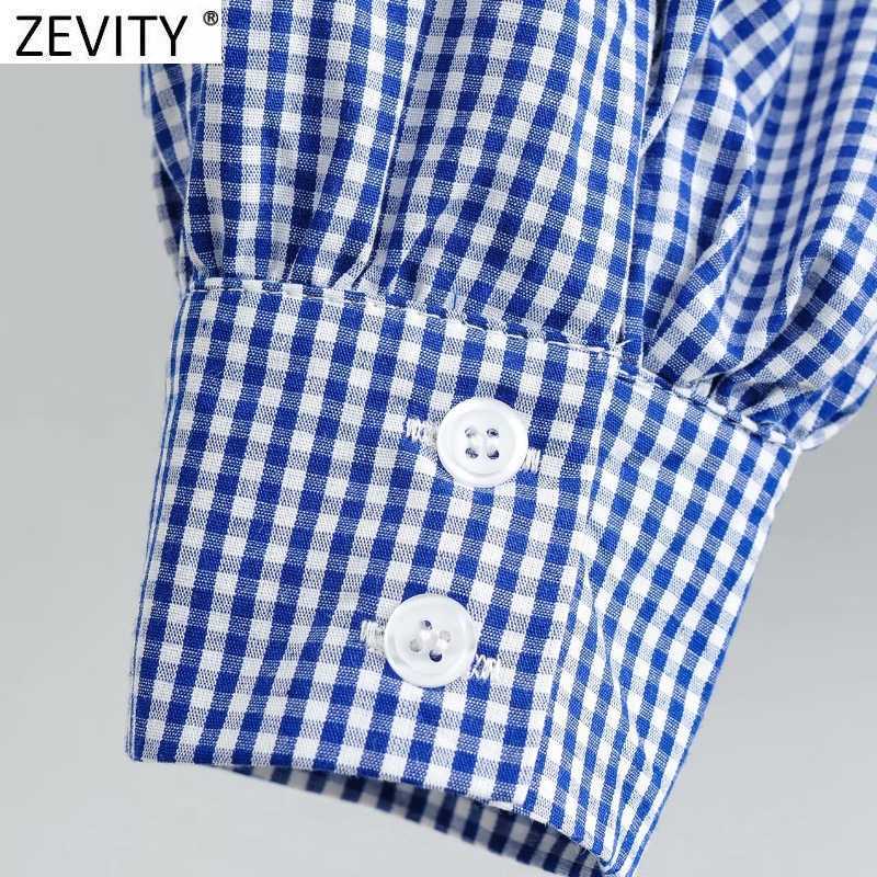 Zevity Women Sweet Peter Pan Collar Plaid Print Casual Blouse Office Lady Puff Sleeve Ruffle Retro French Shirt Chic Tops LS9274 210603