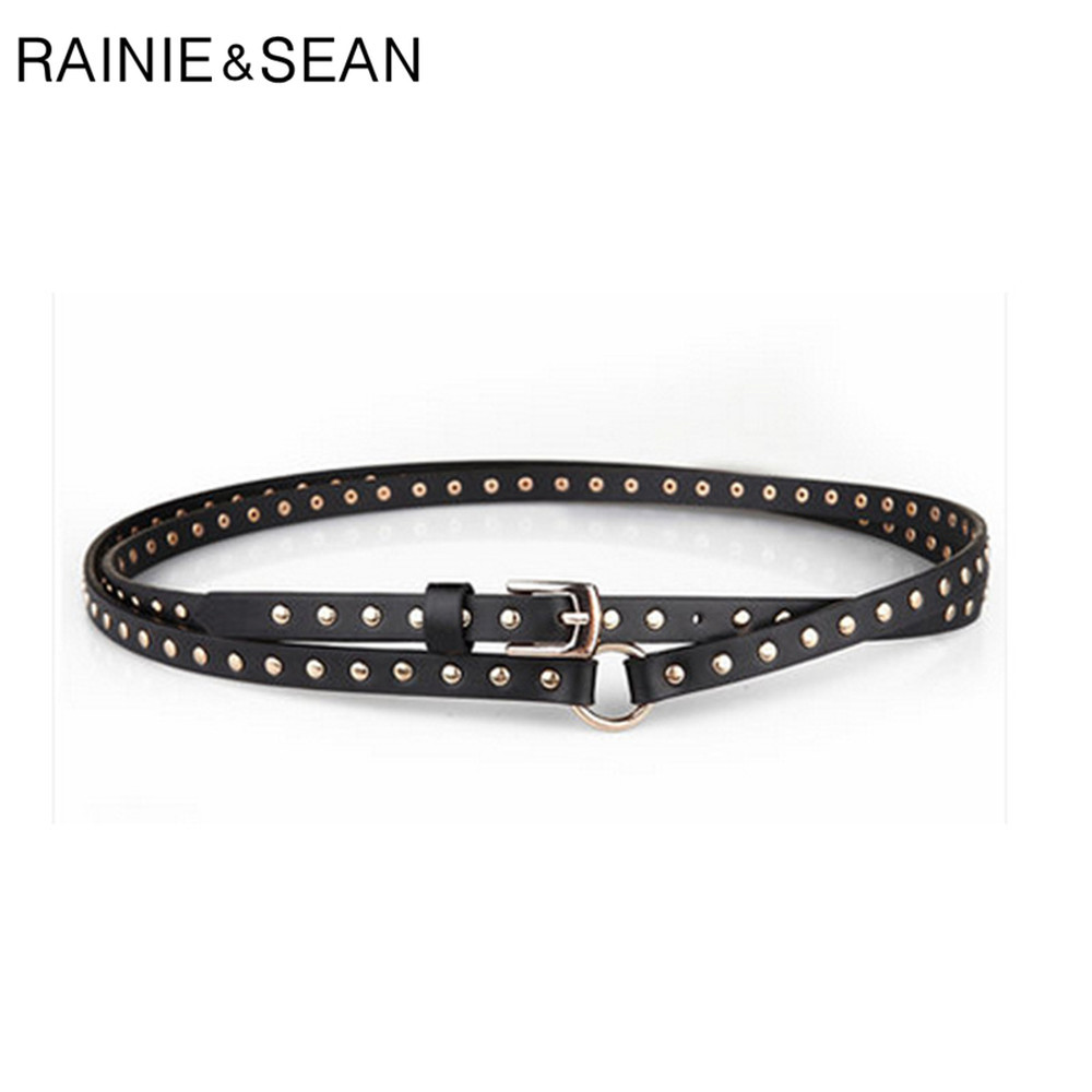 RAINIE SEAN Punk Rock Belts for Women Black Rivet Women Belt Streetwear Thin Extra Long 190cm Ladies Pin Buckle Leather Belt 210325