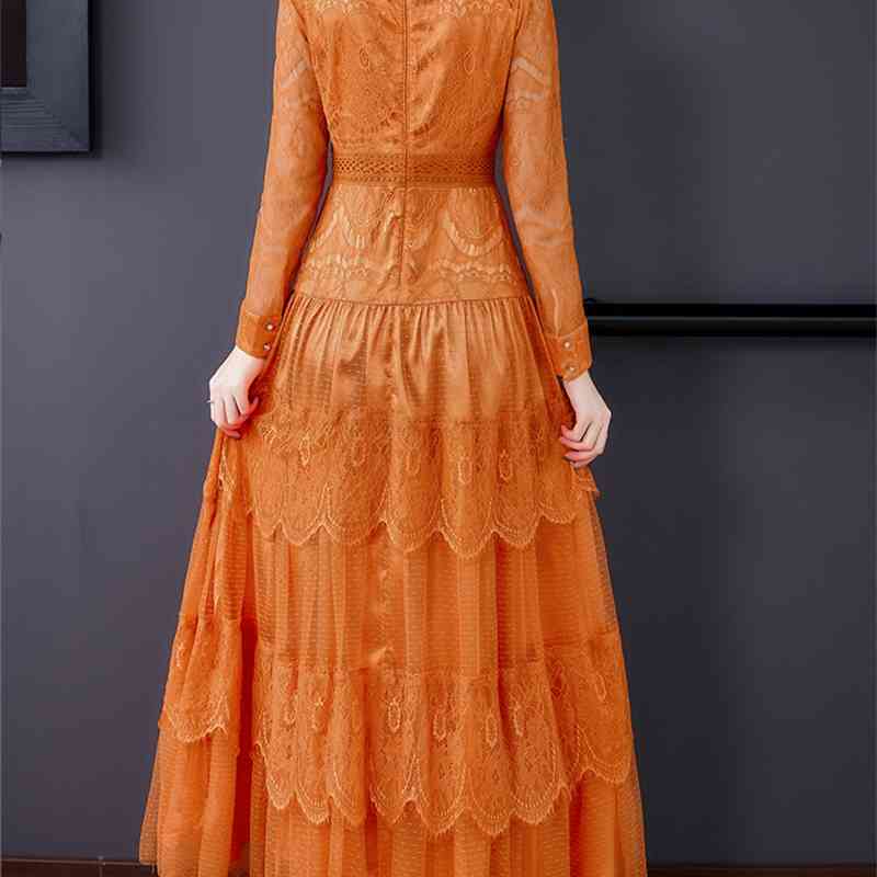 Fashion Spring Orange Lace Hollow Out Slim Maxi Dress Women's Long Sleeve Elegant Temperament Party Dresses 210520