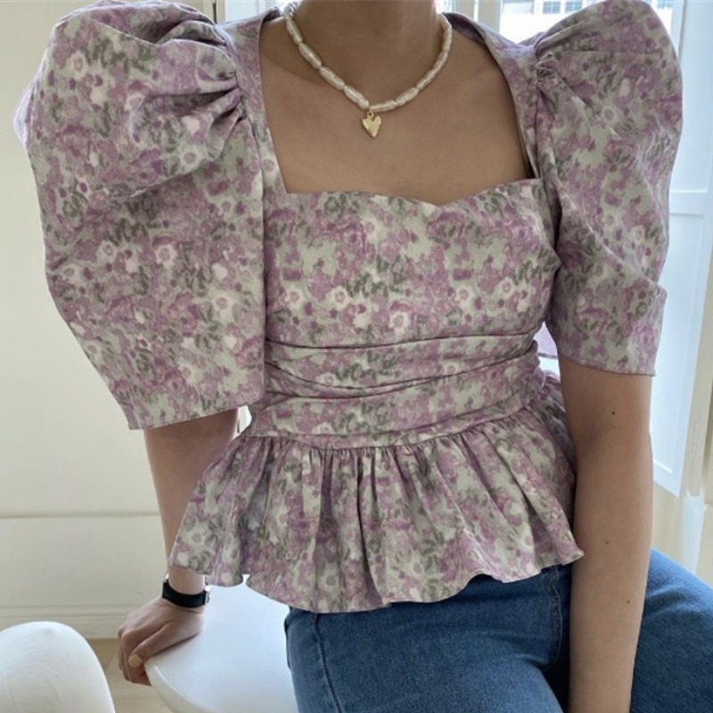 Nomikuma Korean Floral Women Tops Puff Sleeve Square Collar Blouse Shirt Summer Chic Slim Waist Ruffle Blusas Mujer 6G880 210427