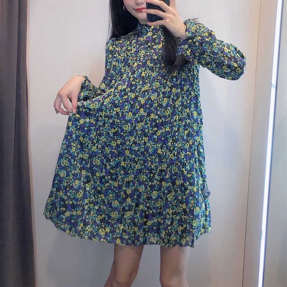 Women Chiffon Dress Printed Pleated Short Mini dress Long Sleeves Chic Lady elegant Vintage Casual Woman Dresses 210709