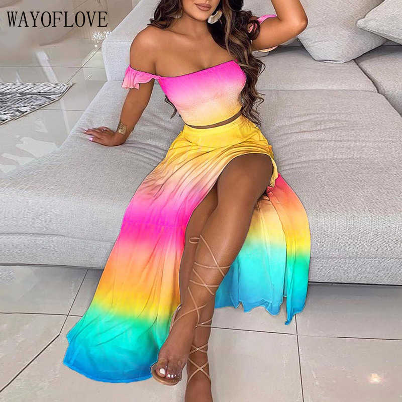 WAYOFLOVE Rainbow Print Dress Sets Party Elegant Long Dress Sets Women Off Shoulder Tops And Split Skirt Suit Sexy Two Piece Set 210602
WAYOFLOVE Rainbow Print Dress Sets Party Elegant Long Dress Sets Women Off Shoulder Tops And Split Skirt Suit Sexy Two Piece Set 210602