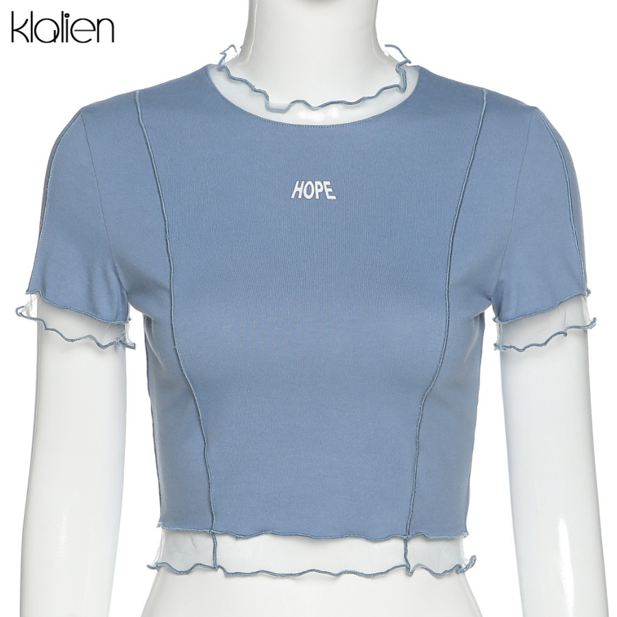 KLALIEN Leisure Women Cotton T Shirt Summer High Street Fashion Simple Print Letter Patchwork Female T shirt Wild Slim Top Lady 210322