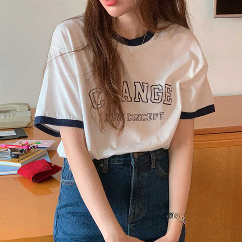 Korejpaa Women T-Shirt Summer Korean Chic Casual Hit Color Wrap Round Neck Letter Printing Loose Short-Sleeved Pullovers 210526