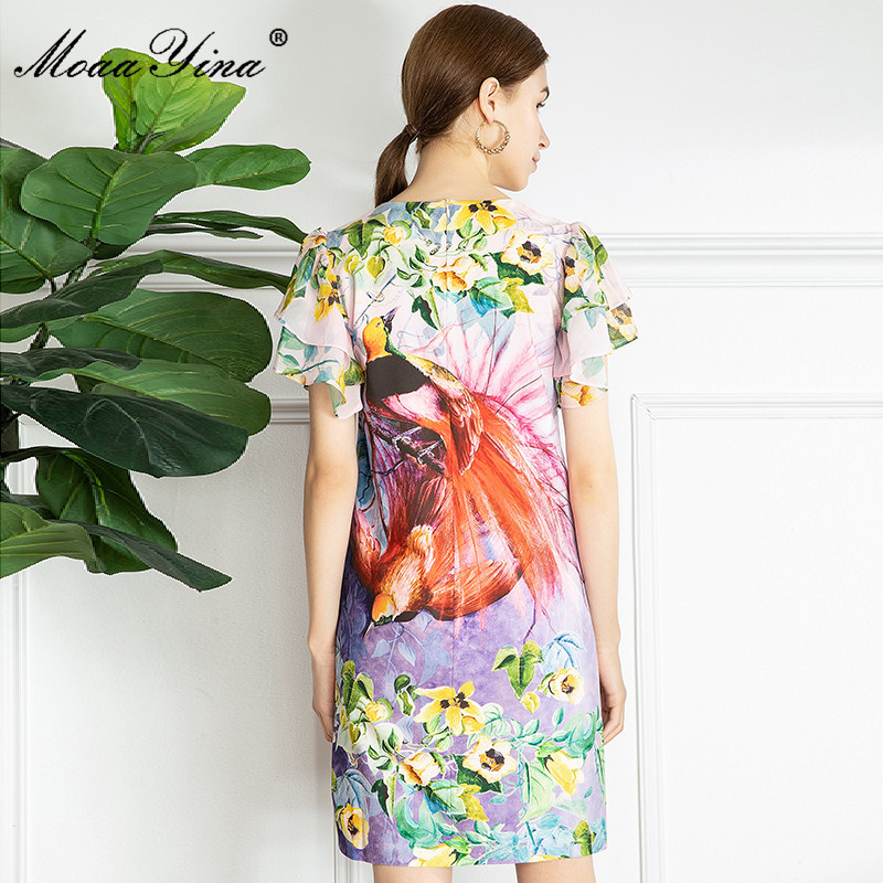 Summer Runway Vintage Mini Dress Women V-Neck Beading Fashion Birds Floral-Print Short Party 210524