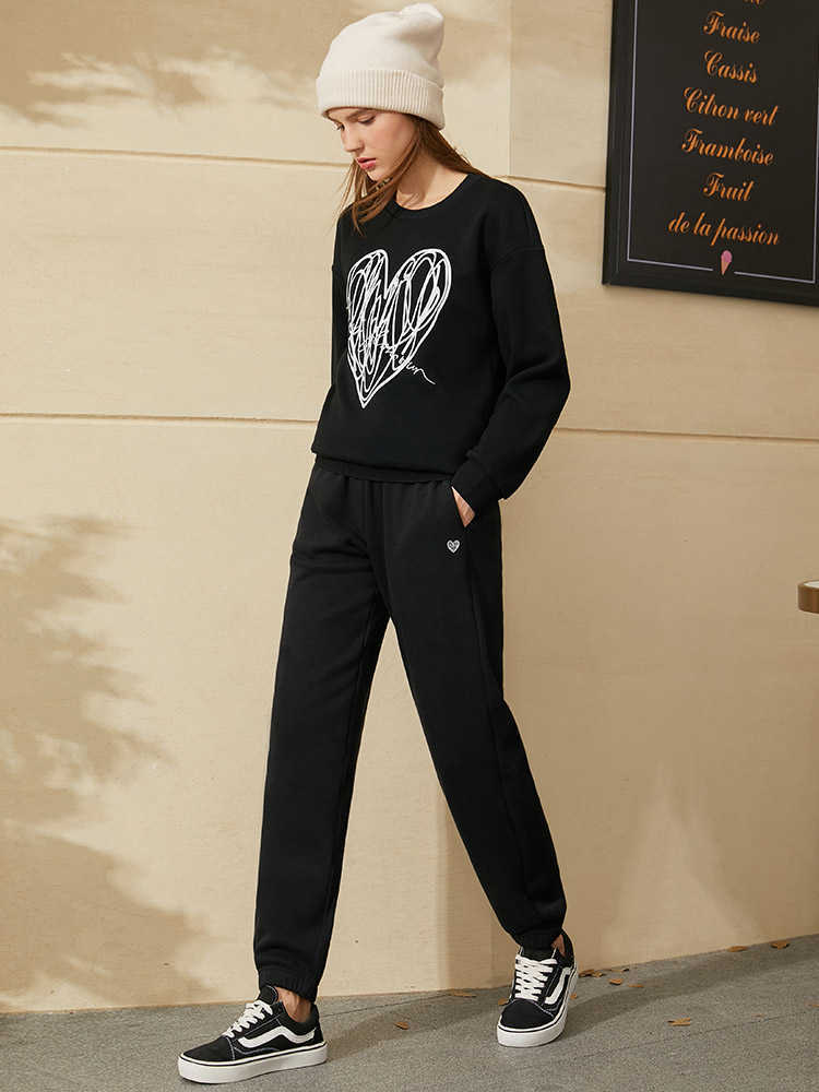 Minimalism Autumn Winter Causal Suits For Women Fashion Embroidery Oneck Loose Hoodies Elastic waist Women's Pants 12040981 210527