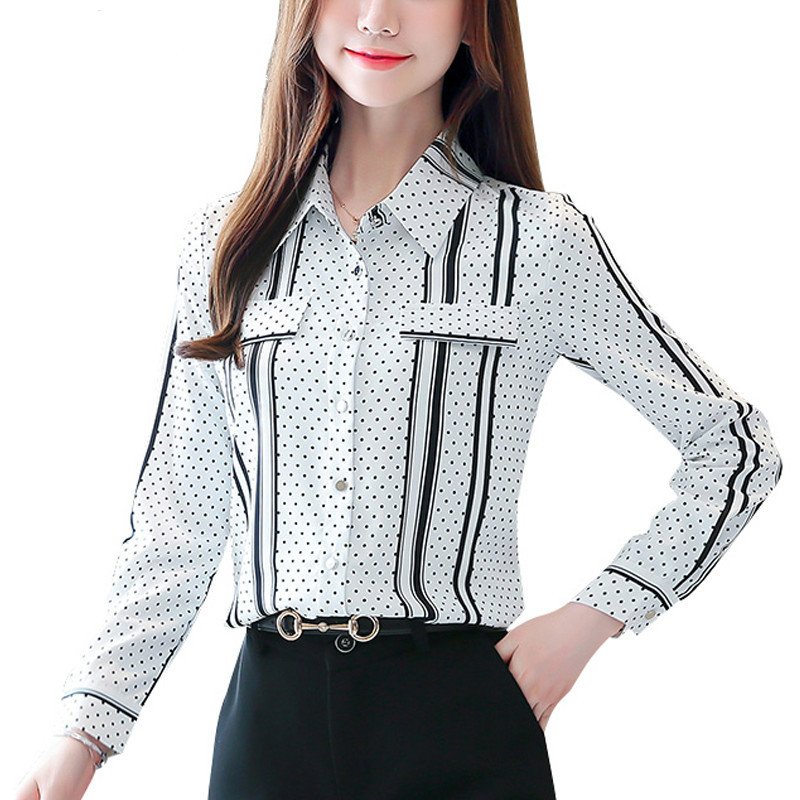 Fashion Black Plus Size Striped Women Blouse Shirt OL Long Sleeve Cardigan Polka Dot Blusas Mujer 6625 50 210506