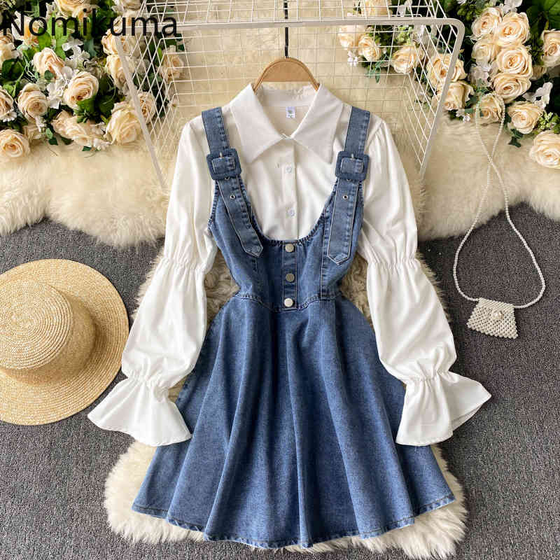 Nomikuma Two Peice Set for Women Puff Sleeve Solid Blouse Shirt + Demin High Waist A-line Sling Dress Korean Spring Suits 6E695 210427