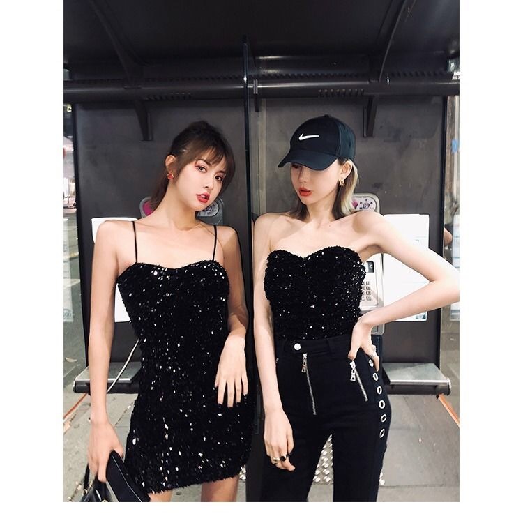 sexy dress mini black sequined bodycon club night spaghetti stap gothic party summer es for women vestidos 210421