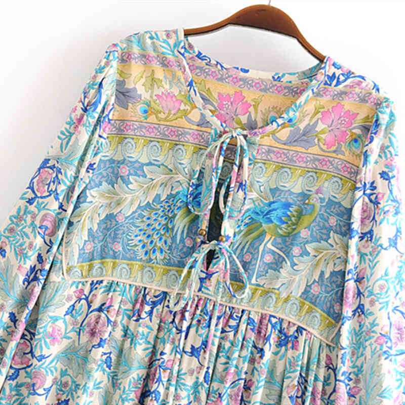 beauty Boho Floral Print Women's Long Dress Holiday Fashion Bow Tie Maxi Dresses Female Beautiful Beachwear 210514