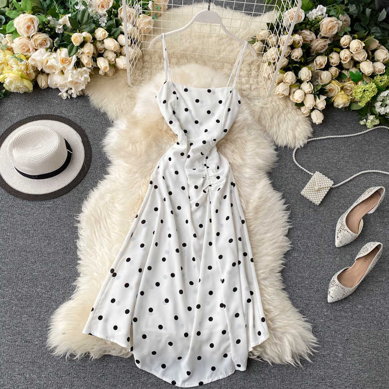 Spring Summer Fashion Polka Dot Print Sleeveless Pleated High Waist Dress Vestidos L487 210527