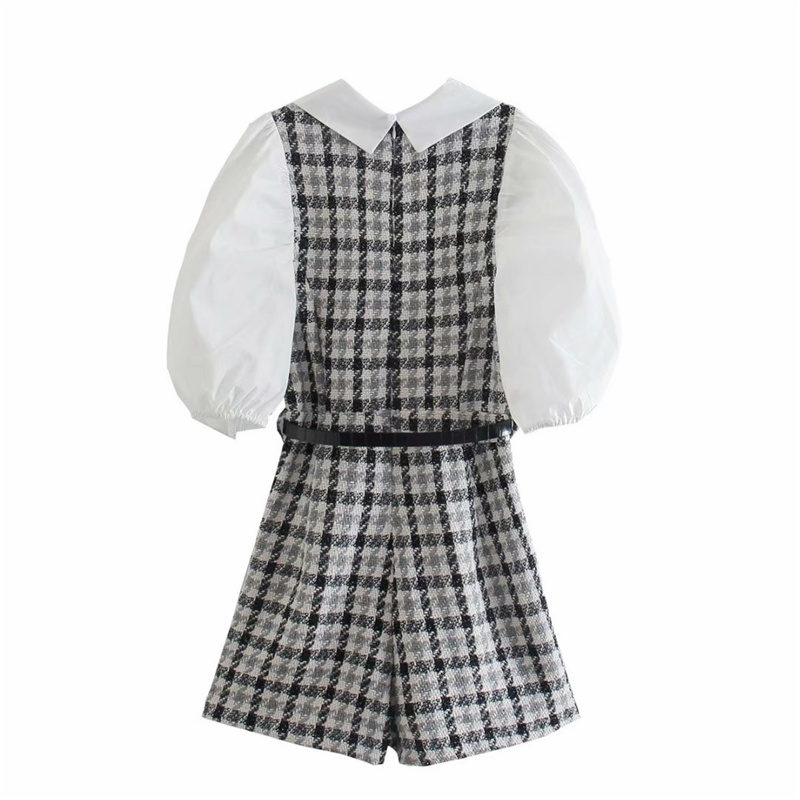 Casual Woman Plaid Tweed Belt Playsuits Summer Fashion Ladies Puff Sleeve Rompers Female Elegant Zipper 210515