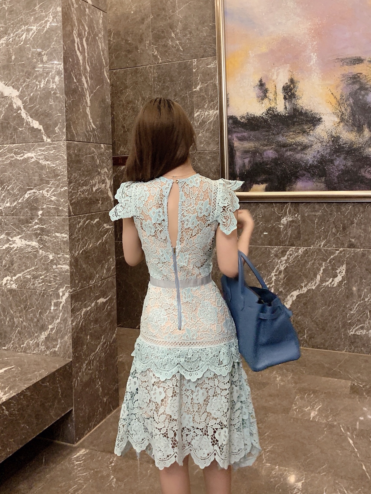 Summer fashion design womens sleeveless petal sleeve o-neck mingt green color hollow out lace slim waist asymmetric runway dress SML