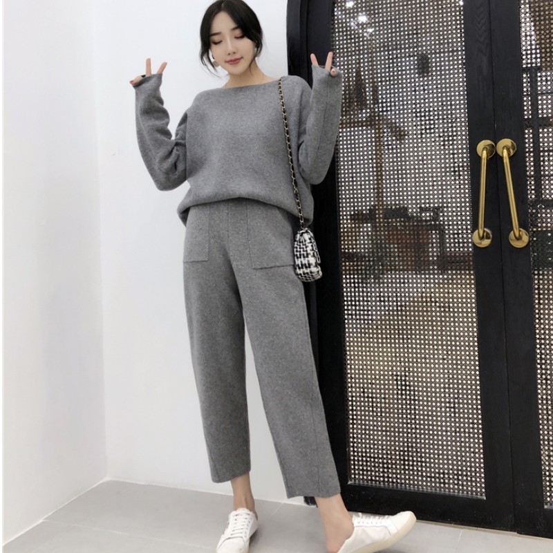 Knitted 2 pieces Set Tracksuits Women Autumn Winter Thick Warm O-neck Loose Sweater+Ankle-Length Pants Cashmere Suit 210519