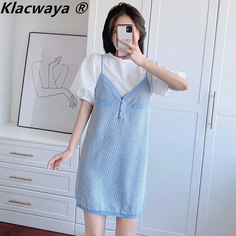 Women's Spring And Summer Sweet Temperament Fluffy Sleeves Chic Fake Two-Piece Knitted Dress 210521, As shown
Women's Spring And Summer Sweet Temperament Fluffy Sleeves Chic Fake Two-Piece Knitted Dress 210521, As shown