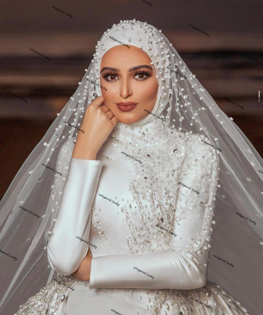Gorgeous Pearls Mermaid Muslim Wedding Dresses With Detachable Train Beaded High Neck Long Sleeves arabic Bridal Gowns Satin robe de mariée