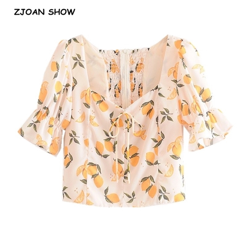 Vintage Fruit Orange Print Shirt Beige Retro Elastic Ruched Back Square Collar Short Sleeve Blouse tank top Tops 210429