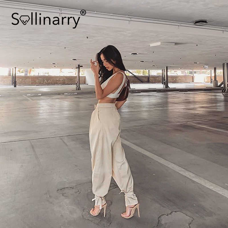 Sollinarry Fashion loose trousers elegant High street satin drape hem sash pants spring Chic office lady outfit female bottom 210709