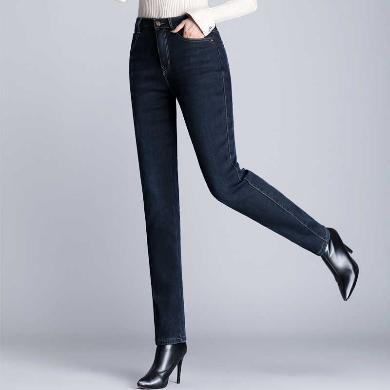 Winter Women's Jeans Velvet Warm Loose Plus Size Denim Straight Mom Woman with High Waist Fleece Black Pants for Women 210922