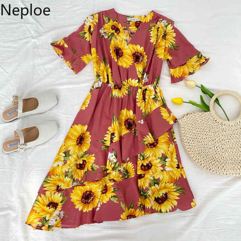 Neploe Women's Dress Summer New Style Temperament Irregular Vestidos V Neck High Waist Slim Bandage Floral Split Dresses 4h571 210422