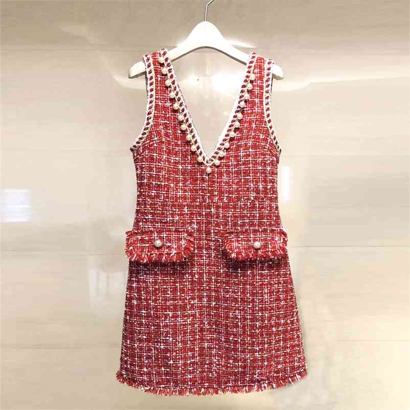 Luxury High Quality Autumn Winter Dress Women V Neck Sleeveless Pearls Tweed Birthday Gift Party Dresses Vestido 1 210519, Red
Luxury High Quality Autumn Winter Dress Women V Neck Sleeveless Pearls Tweed Birthday Gift Party Dresses Vestido 1 210519, Red