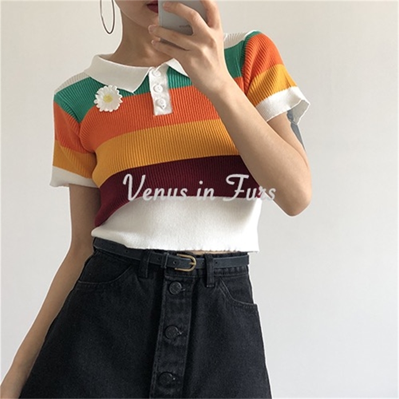 daisy flower colorful striped short top knitting crop tshirt summer women ropa mujer harajuku Tee 210421